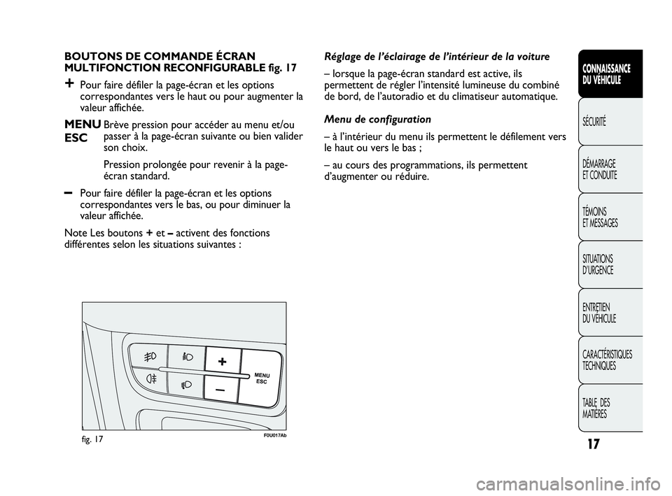 Abarth Punto Evo 2010  Notice dentretien (in French) 17
CONNAISSANCE 
DU VÉHICULE
SÉCURITÉ
DÉMARRAGE 
ET CONDUITE
TÉMOINS 
ET MESSAGES
SITUATIONS 
D’URGENCE
ENTRETIEN 
DU VÉHICULE
CARACTÉRISTIQUES
TECHNIQUES
TABLE  DES 
MATIÈRES
BOUTONS DE COM