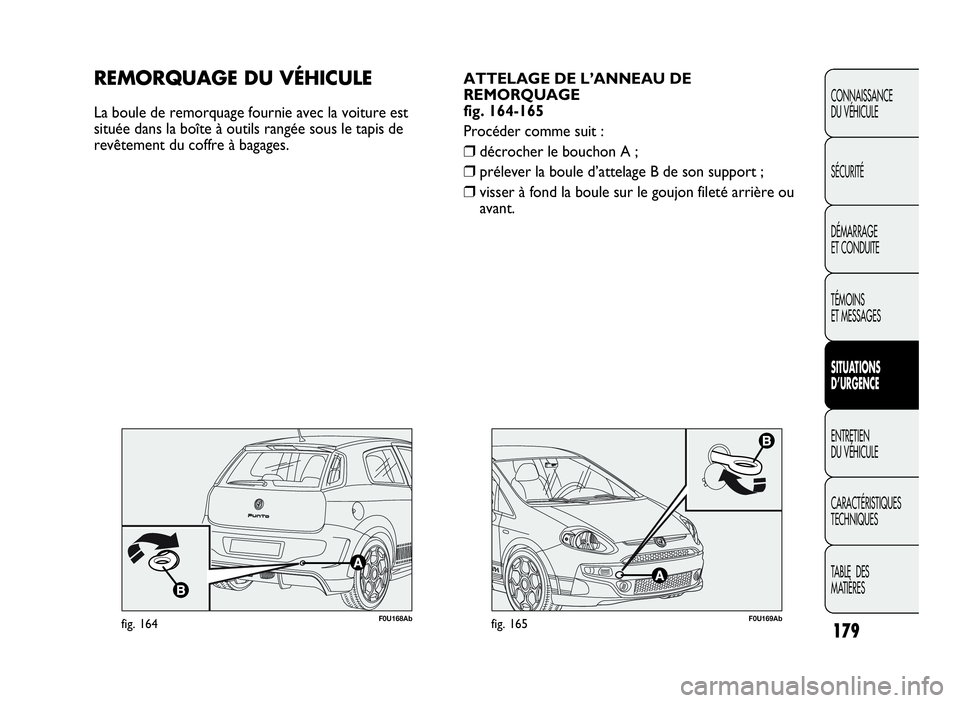 Abarth Punto Evo 2010 Notice dentretien (in French) 179
CONNAISSANCE
DU VÉHICULE
SÉCURITÉ
DÉMARRAGE
ET CONDUITE
TÉMOINS
ET MESSAGES
SITUATIONS
D’URGENCE
ENTRETIEN
DU VÉHICULE
CARACTÉRISTIQUES
TECHNIQUES
TA B L E D E S
MATIÈRES
F0U169Abfig. 16 Abarth Punto Evo 2010 Notice dentretien (in French) 179
CONNAISSANCE
DU VÉHICULE
SÉCURITÉ
DÉMARRAGE
ET CONDUITE
TÉMOINS
ET MESSAGES
SITUATIONS
D’URGENCE
ENTRETIEN
DU VÉHICULE
CARACTÉRISTIQUES
TECHNIQUES
TA B L E D E S
MATIÈRES
F0U169Abfig. 16