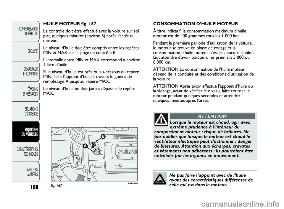 Abarth Punto Evo 2010 Notice dentretien (in French) 188
CONNAISSANCE
DU VÉHICULE
SÉCURITÉ
DÉMARRAGE
ET CONDUITE
TÉMOINS
ET MESSAGES
SITUATIONS
D’URGENCE
ENTRETIEN
DU VÉHICULE
CARACTÉRISTIQUES
TECHNIQUES
TABLE DES
MATIÈRES
F0U171Abfig. Abarth Punto Evo 2010 Notice dentretien (in French) 188
CONNAISSANCE
DU VÉHICULE
SÉCURITÉ
DÉMARRAGE
ET CONDUITE
TÉMOINS
ET MESSAGES
SITUATIONS
D’URGENCE
ENTRETIEN
DU VÉHICULE
CARACTÉRISTIQUES
TECHNIQUES
TABLE DES
MATIÈRES
F0U171Abfig.
