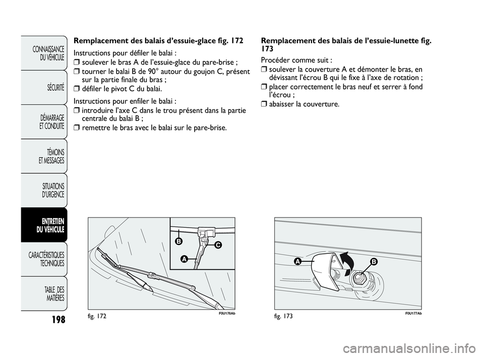 Abarth Punto Evo 2010 Notice dentretien (in French) F0U177Abfig. 173F0U176Abfig. 172
Remplacement des balais d’essuie-glace fig. 172
Instructions pour défiler le balai :
❒ soulever le bras A de l’essuie-glace du pare-brise ;
❒ tourner le balai Abarth Punto Evo 2010 Notice dentretien (in French) F0U177Abfig. 173F0U176Abfig. 172
Remplacement des balais d’essuie-glace fig. 172
Instructions pour défiler le balai :
❒ soulever le bras A de l’essuie-glace du pare-brise ;
❒ tourner le balai