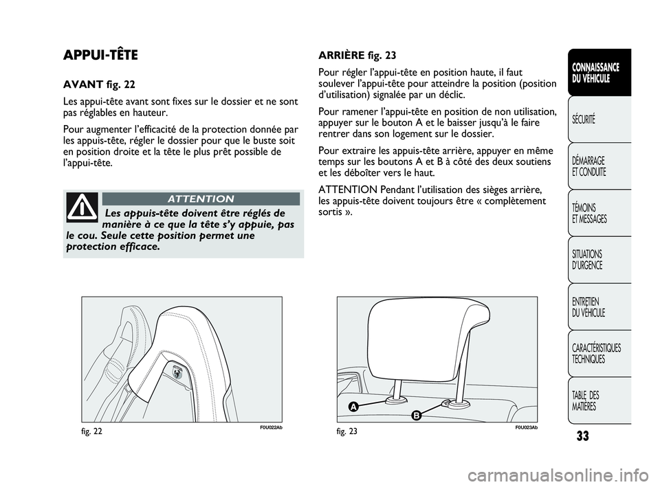 Abarth Punto Evo 2010  Notice dentretien (in French) 33
CONNAISSANCE 
DU VÉHICULE
SÉCURITÉ
DÉMARRAGE 
ET CONDUITE
TÉMOINS 
ET MESSAGES
SITUATIONS 
D’URGENCE
ENTRETIEN 
DU VÉHICULE
CARACTÉRISTIQUES
TECHNIQUES
TABLE  DES 
MATIÈRES
Les appuis-tê