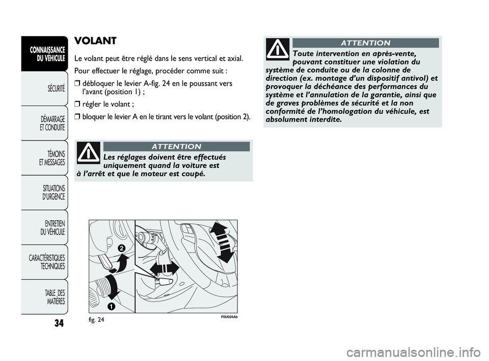 Abarth Punto Evo 2010  Notice dentretien (in French) 34
CONNAISSANCE 
DU VÉHICULE
SÉCURITÉ
DÉMARRAGE 
ET CONDUITE
TÉMOINS 
ET MESSAGES
SITUATIONS 
D’URGENCE
ENTRETIEN 
DU VÉHICULE
CARACTÉRISTIQUES
TECHNIQUES
TABLE  DES 
MATIÈRES
Les réglages 