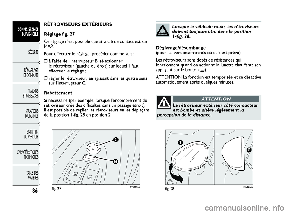 Abarth Punto Evo 2010  Notice dentretien (in French) 36
CONNAISSANCE 
DU VÉHICULE
SÉCURITÉ
DÉMARRAGE 
ET CONDUITE
TÉMOINS 
ET MESSAGES
SITUATIONS 
D’URGENCE
ENTRETIEN 
DU VÉHICULE
CARACTÉRISTIQUES
TECHNIQUES
TABLE  DES 
MATIÈRES
F0U027Abfig. 2