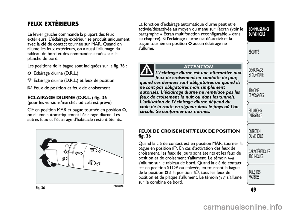 Abarth Punto Evo 2010  Notice dentretien (in French) 49
CONNAISSANCE 
DU VÉHICULE
SÉCURITÉ
DÉMARRAGE 
ET CONDUITE
TÉMOINS 
ET MESSAGES
SITUATIONS 
D’URGENCE
ENTRETIEN 
DU VÉHICULE
CARACTÉRISTIQUES
TECHNIQUES
TABLE  DES 
MATIÈRES
F0U036Abfig. 3