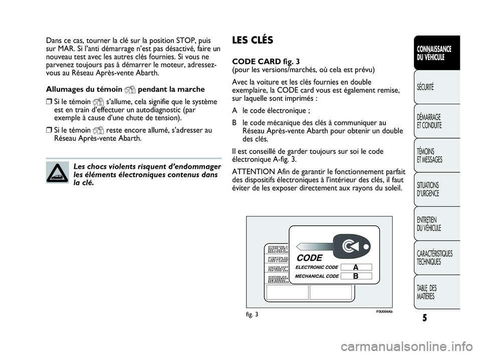 Abarth Punto Evo 2010 Notice dentretien (in French) 5
CONNAISSANCE
DU VÉHICULE
SÉCURITÉ
DÉMARRAGE
ET CONDUITE
TÉMOINS
ET MESSAGES
SITUATIONS
D’URGENCE
ENTRETIEN
DU VÉHICULE
CARACTÉRISTIQUES
TECHNIQUES
TABLE DES
MATIÈRES
LES CLÉS
CODE Abarth Punto Evo 2010 Notice dentretien (in French) 5
CONNAISSANCE
DU VÉHICULE
SÉCURITÉ
DÉMARRAGE
ET CONDUITE
TÉMOINS
ET MESSAGES
SITUATIONS
D’URGENCE
ENTRETIEN
DU VÉHICULE
CARACTÉRISTIQUES
TECHNIQUES
TABLE DES
MATIÈRES
LES CLÉS
CODE