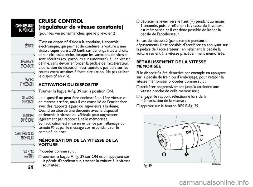Abarth Punto Evo 2010 Notice dentretien (in French) 54
CONNAISSANCE
DU VÉHICULE
SÉCURITÉ
DÉMARRAGE
ET CONDUITE
TÉMOINS
ET MESSAGES
SITUATIONS
D’URGENCE
ENTRETIEN
DU VÉHICULE
CARACTÉRISTIQUES
TECHNIQUES
TABLE DES
MATIÈRES
❒déplacer l Abarth Punto Evo 2010 Notice dentretien (in French) 54
CONNAISSANCE
DU VÉHICULE
SÉCURITÉ
DÉMARRAGE
ET CONDUITE
TÉMOINS
ET MESSAGES
SITUATIONS
D’URGENCE
ENTRETIEN
DU VÉHICULE
CARACTÉRISTIQUES
TECHNIQUES
TABLE DES
MATIÈRES
❒déplacer l