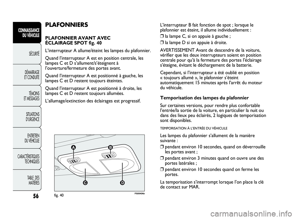 Abarth Punto Evo 2010 Notice dentretien (in French) 56
CONNAISSANCE
DU VÉHICULE
SÉCURITÉ
DÉMARRAGE
ET CONDUITE
TÉMOINS
ET MESSAGES
SITUATIONS
D’URGENCE
ENTRETIEN
DU VÉHICULE
CARACTÉRISTIQUES
TECHNIQUES
TABLE DES
MATIÈRES
F0U040Abfig. 4 Abarth Punto Evo 2010 Notice dentretien (in French) 56
CONNAISSANCE
DU VÉHICULE
SÉCURITÉ
DÉMARRAGE
ET CONDUITE
TÉMOINS
ET MESSAGES
SITUATIONS
D’URGENCE
ENTRETIEN
DU VÉHICULE
CARACTÉRISTIQUES
TECHNIQUES
TABLE DES
MATIÈRES
F0U040Abfig. 4