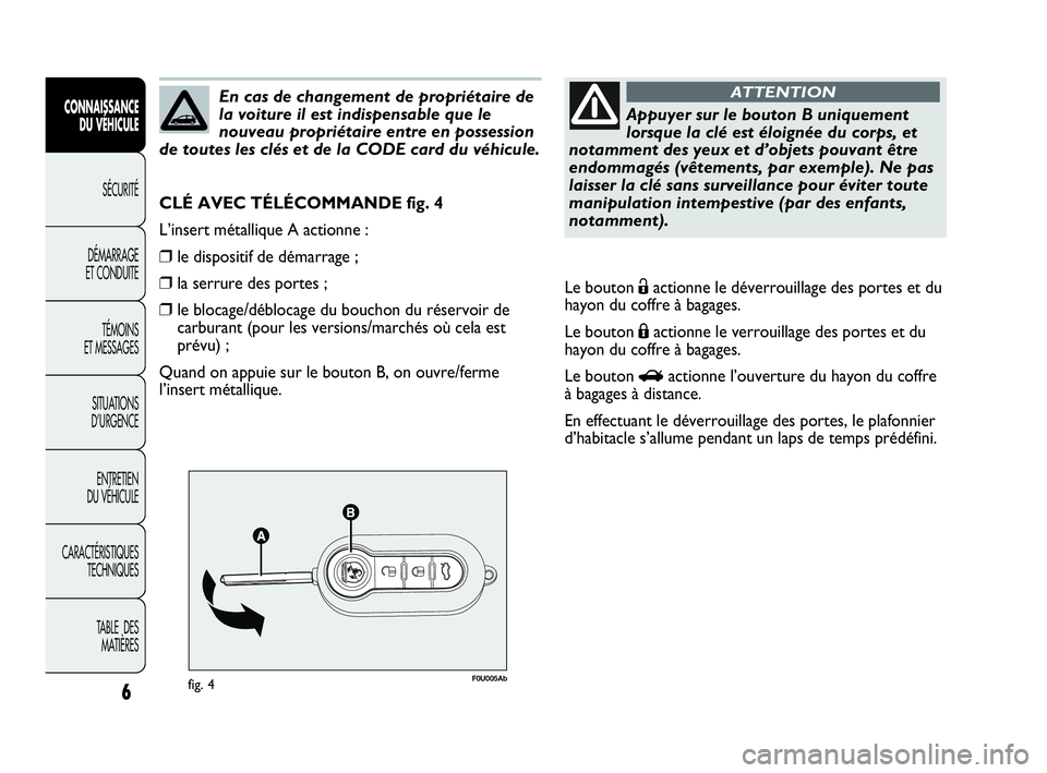 Abarth Punto Evo 2010 Notice dentretien (in French) F0U005Abfig. 4
CLÉ AVEC TÉLÉCOMMANDE fig. 4
L’insert métallique A actionne :
❒le dispositif de démarrage ;
❒la serrure des portes ;
❒le blocage/déblocage du bouchon du réservoir de
carb Abarth Punto Evo 2010 Notice dentretien (in French) F0U005Abfig. 4
CLÉ AVEC TÉLÉCOMMANDE fig. 4
L’insert métallique A actionne :
❒le dispositif de démarrage ;
❒la serrure des portes ;
❒le blocage/déblocage du bouchon du réservoir de
carb