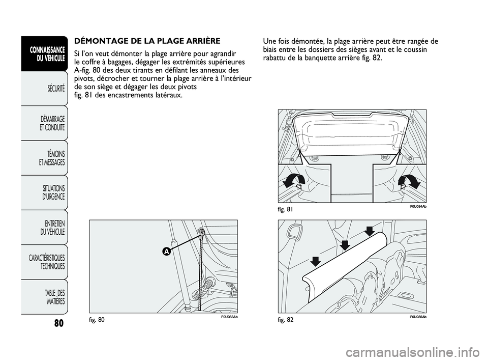 Abarth Punto Evo 2010 Notice dentretien (in French) 80
CONNAISSANCE
DU VÉHICULE
SÉCURITÉ
DÉMARRAGE
ET CONDUITE
TÉMOINS
ET MESSAGES
SITUATIONS
D’URGENCE
ENTRETIEN
DU VÉHICULE
CARACTÉRISTIQUES
TECHNIQUES
TABLE DES
MATIÈRES
DÉMONTAGE DE Abarth Punto Evo 2010 Notice dentretien (in French) 80
CONNAISSANCE
DU VÉHICULE
SÉCURITÉ
DÉMARRAGE
ET CONDUITE
TÉMOINS
ET MESSAGES
SITUATIONS
D’URGENCE
ENTRETIEN
DU VÉHICULE
CARACTÉRISTIQUES
TECHNIQUES
TABLE DES
MATIÈRES
DÉMONTAGE DE