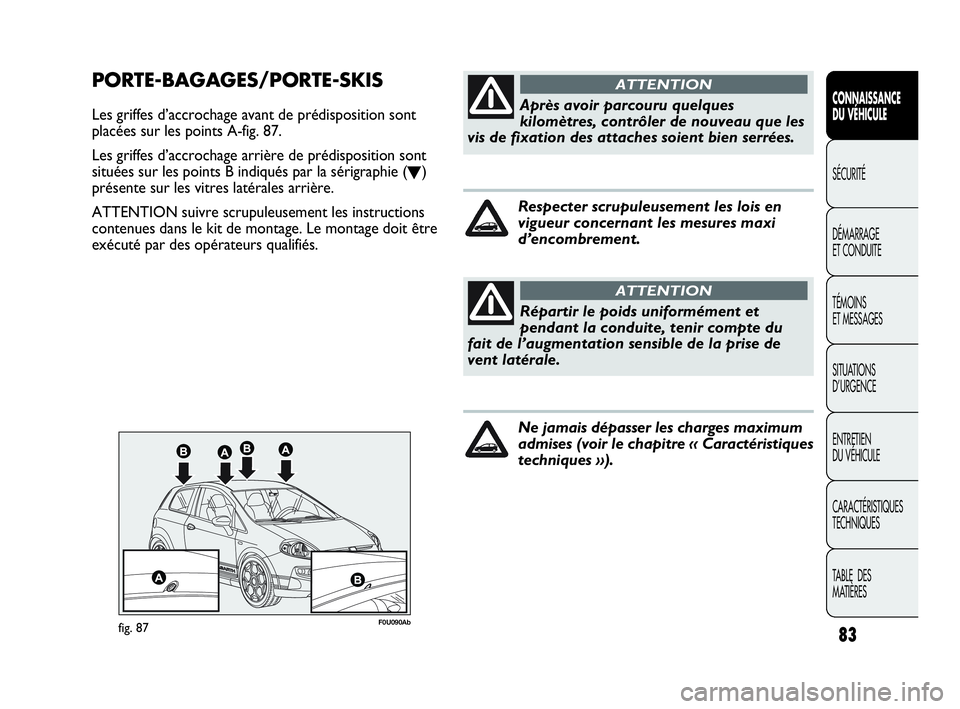 Abarth Punto Evo 2010 Notice dentretien (in French) 83
CONNAISSANCE
DU VÉHICULE
SÉCURITÉ
DÉMARRAGE
ET CONDUITE
TÉMOINS
ET MESSAGES
SITUATIONS
D’URGENCE
ENTRETIEN
DU VÉHICULE
CARACTÉRISTIQUES
TECHNIQUES
TABLE DES
MATIÈRES
F0U090Abfig. 8 Abarth Punto Evo 2010 Notice dentretien (in French) 83
CONNAISSANCE
DU VÉHICULE
SÉCURITÉ
DÉMARRAGE
ET CONDUITE
TÉMOINS
ET MESSAGES
SITUATIONS
D’URGENCE
ENTRETIEN
DU VÉHICULE
CARACTÉRISTIQUES
TECHNIQUES
TABLE DES
MATIÈRES
F0U090Abfig. 8