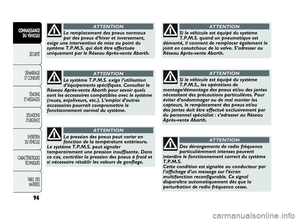 Abarth Punto Evo 2010 Notice dentretien (in French) 94
CONNAISSANCE
DU VÉHICULE
SÉCURITÉ
DÉMARRAGE
ET CONDUITE
TÉMOINS
ET MESSAGES
SITUATIONS
D’URGENCE
ENTRETIEN
DU VÉHICULE
CARACTÉRISTIQUES
TECHNIQUES
TABLE DES
MATIÈRES
Le remplacemen Abarth Punto Evo 2010 Notice dentretien (in French) 94
CONNAISSANCE
DU VÉHICULE
SÉCURITÉ
DÉMARRAGE
ET CONDUITE
TÉMOINS
ET MESSAGES
SITUATIONS
D’URGENCE
ENTRETIEN
DU VÉHICULE
CARACTÉRISTIQUES
TECHNIQUES
TABLE DES
MATIÈRES
Le remplacemen