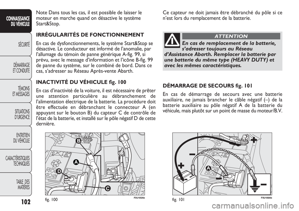 Abarth Punto Evo 2012 Notice dentretien (in French) 102
CONNAISSANCE
DU VÉHICULE
SÉCURITÉ
DÉMARRAGE
ET CONDUITE
TÉMOINS
ET MESSAGES
SITUATIONS
D’URGENCE
ENTRETIEN
DU VÉHICULE
CARACTÉRISTIQUES
TECHNIQUES
TABLE DES
MATIÈRES
F0U185Abfig. 100F Abarth Punto Evo 2012 Notice dentretien (in French) 102
CONNAISSANCE
DU VÉHICULE
SÉCURITÉ
DÉMARRAGE
ET CONDUITE
TÉMOINS
ET MESSAGES
SITUATIONS
D’URGENCE
ENTRETIEN
DU VÉHICULE
CARACTÉRISTIQUES
TECHNIQUES
TABLE DES
MATIÈRES
F0U185Abfig. 100F