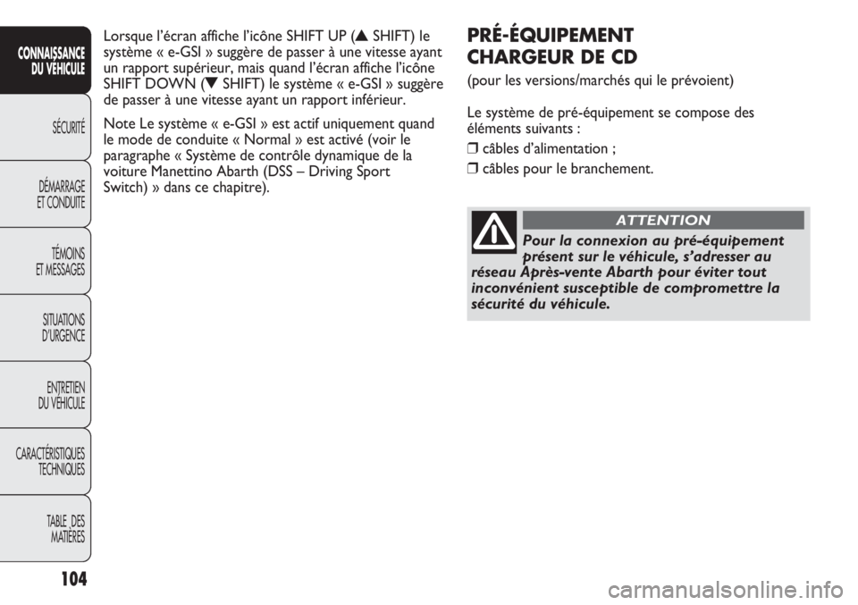 Abarth Punto Evo 2012 Notice dentretien (in French) 104
CONNAISSANCE
DU VÉHICULE
SÉCURITÉ
DÉMARRAGE
ET CONDUITE
TÉMOINS
ET MESSAGES
SITUATIONS
D’URGENCE
ENTRETIEN
DU VÉHICULE
CARACTÉRISTIQUES
TECHNIQUES
TABLE DES
MATIÈRES
PRÉ-ÉQUIPEMENT
Abarth Punto Evo 2012 Notice dentretien (in French) 104
CONNAISSANCE
DU VÉHICULE
SÉCURITÉ
DÉMARRAGE
ET CONDUITE
TÉMOINS
ET MESSAGES
SITUATIONS
D’URGENCE
ENTRETIEN
DU VÉHICULE
CARACTÉRISTIQUES
TECHNIQUES
TABLE DES
MATIÈRES
PRÉ-ÉQUIPEMENT