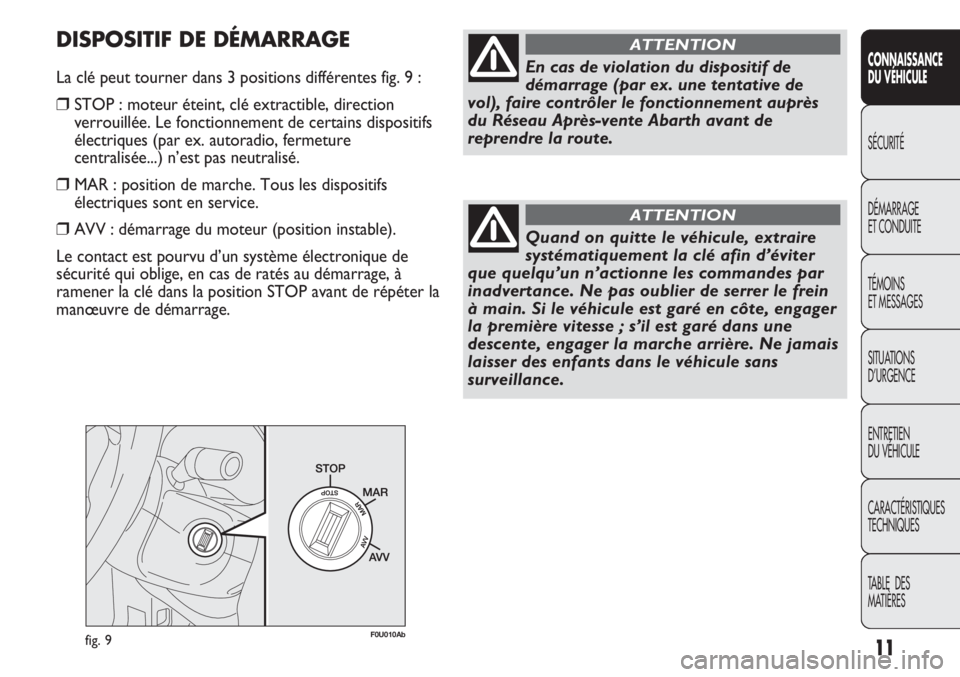 Abarth Punto Evo 2012  Notice dentretien (in French) fig. 9F0U010Ab
En cas de violation du dispositif de
démarrage (par ex. une tentative de
vol), faire contrôler le fonctionnement auprès
du Réseau Après-vente Abarth avant de
reprendre la route.
AT