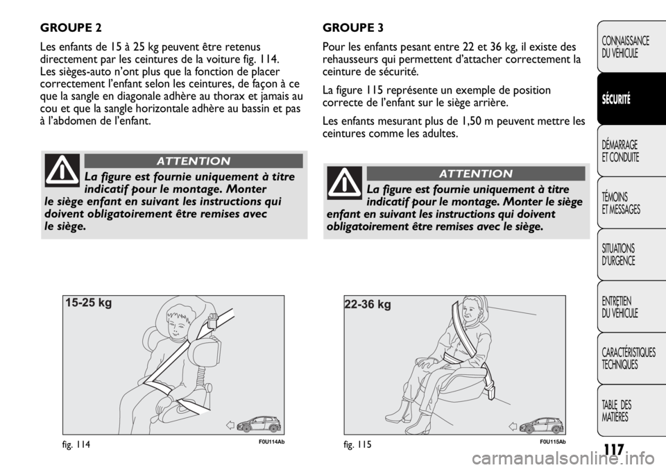 Abarth Punto Evo 2012  Notice dentretien (in French) 117
CONNAISSANCE
DU VÉHICULE
SÉCURITÉ
DÉMARRAGE
ET CONDUITE
TÉMOINS
ET MESSAGES
SITUATIONS 
D’URGENCE
ENTRETIEN
DU VÉHICULE
CARACTÉRISTIQUES
TECHNIQUES
TABLE  DES 
MATIÈRES
F0U115Abfig. 115
