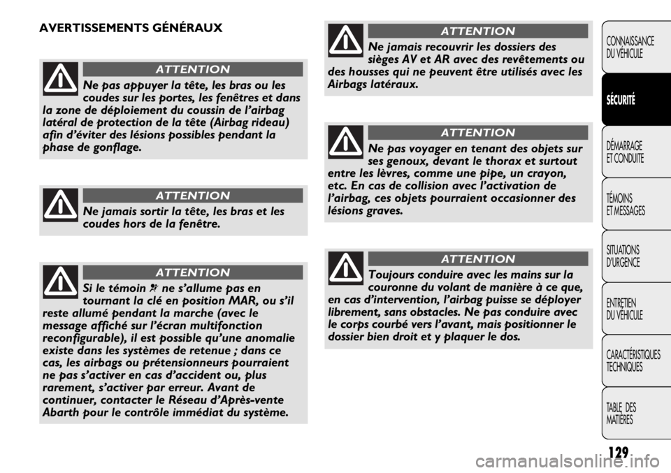 Abarth Punto Evo 2012  Notice dentretien (in French) 129
CONNAISSANCE
DU VÉHICULE
SÉCURITÉ
DÉMARRAGE
ET CONDUITE
TÉMOINS
ET MESSAGES
SITUATIONS 
D’URGENCE
ENTRETIEN
DU VÉHICULE
CARACTÉRISTIQUES
TECHNIQUES
TABLE  DES 
MATIÈRES
Ne pas appuyer la