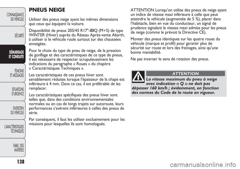 Abarth Punto Evo 2011  Notice dentretien (in French) 138
CONNAISSANCE
DU VÉHICULE
SÉCURITÉ
DÉMARRAGE
ET CONDUITE
TÉMOINS
ET MESSAGES
SITUATIONS 
D’URGENCE
ENTRETIEN
DU VÉHICULE
CARACTÉRISTIQUES
TECHNIQUES
TABLE  DES 
MATIÈRES
PNEUS NEIGE
Utili