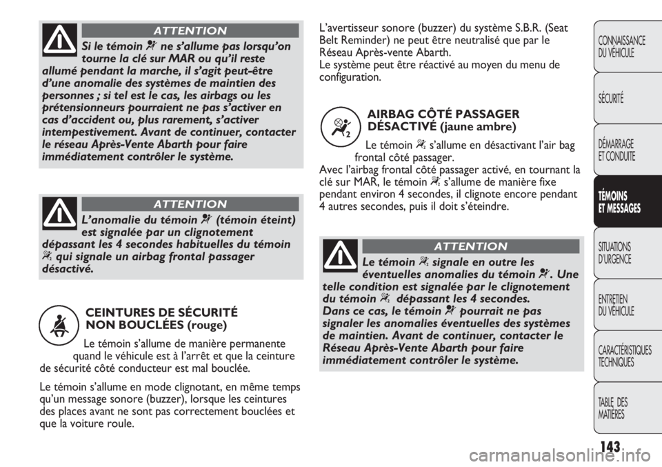 Abarth Punto Evo 2011  Notice dentretien (in French) 143
CONNAISSANCE
DU VÉHICULE
SÉCURITÉ
DÉMARRAGE
ET CONDUITE
TÉMOINS
ET MESSAGES
SITUATIONS 
D’URGENCE
ENTRETIEN
DU VÉHICULE
CARACTÉRISTIQUES
TECHNIQUES
TABLE  DES 
MATIÈRES
CEINTURES DE SÉC
