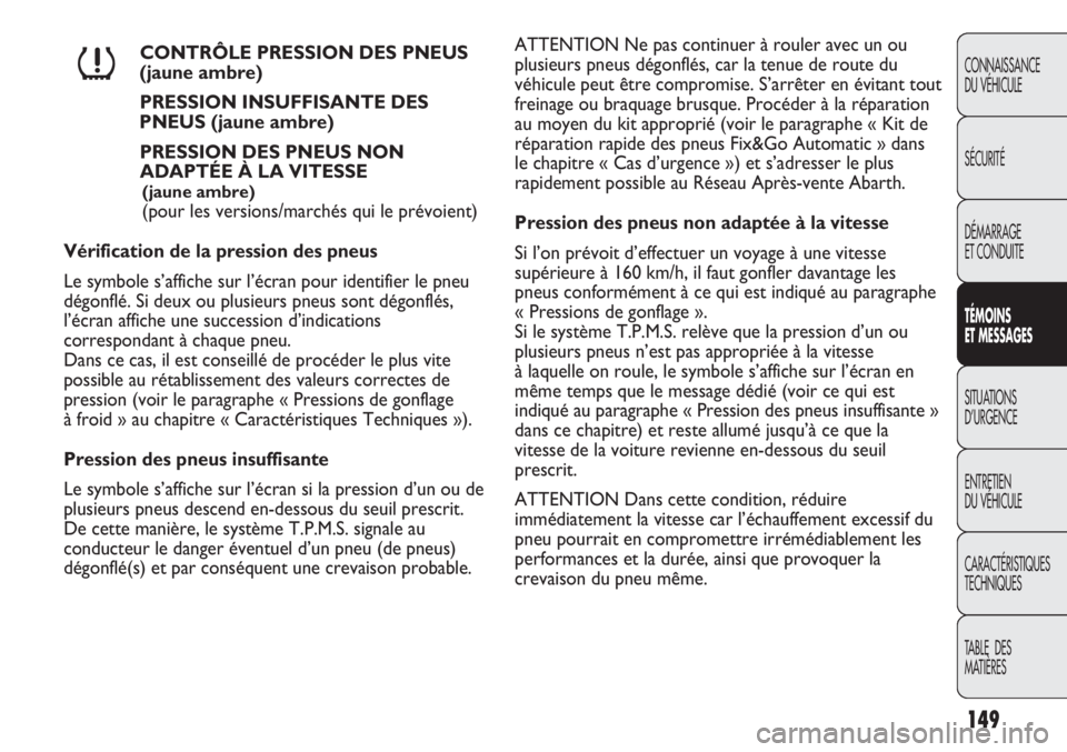 Abarth Punto Evo 2011  Notice dentretien (in French) 149
CONNAISSANCE
DU VÉHICULE
SÉCURITÉ
DÉMARRAGE
ET CONDUITE
TÉMOINS
ET MESSAGES
SITUATIONS 
D’URGENCE
ENTRETIEN
DU VÉHICULE
CARACTÉRISTIQUES
TECHNIQUES
TABLE  DES 
MATIÈRES
CONTRÔLE PRESSIO