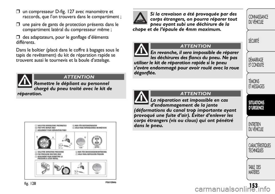 Abarth Punto Evo 2012  Notice dentretien (in French) 153
CONNAISSANCE
DU VÉHICULE
SÉCURITÉ
DÉMARRAGE
ET CONDUITE
TÉMOINS
ET MESSAGES
SITUATIONS 
D’URGENCE
ENTRETIEN
DU VÉHICULE
CARACTÉRISTIQUES
TECHNIQUES
TABLE  DES 
MATIÈRES
❒un compresseur