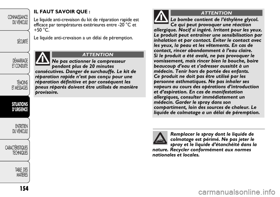 Abarth Punto Evo 2012  Notice dentretien (in French) 154
CONNAISSANCE
DU VÉHICULE
SÉCURITÉ
DÉMARRAGE
ET CONDUITE
TÉMOINS
ET MESSAGES
SITUATIONS 
D’URGENCE
ENTRETIEN
DU VÉHICULE
CARACTÉRISTIQUES
TECHNIQUES
TABLE  DES 
MATIÈRES
Remplacer le spra
