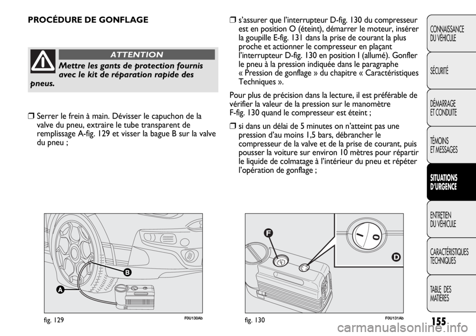 Abarth Punto Evo 2012  Notice dentretien (in French) 155
CONNAISSANCE
DU VÉHICULE
SÉCURITÉ
DÉMARRAGE
ET CONDUITE
TÉMOINS
ET MESSAGES
SITUATIONS 
D’URGENCE
ENTRETIEN
DU VÉHICULE
CARACTÉRISTIQUES
TECHNIQUES
TABLE  DES 
MATIÈRES
F0U131Abfig. 130F