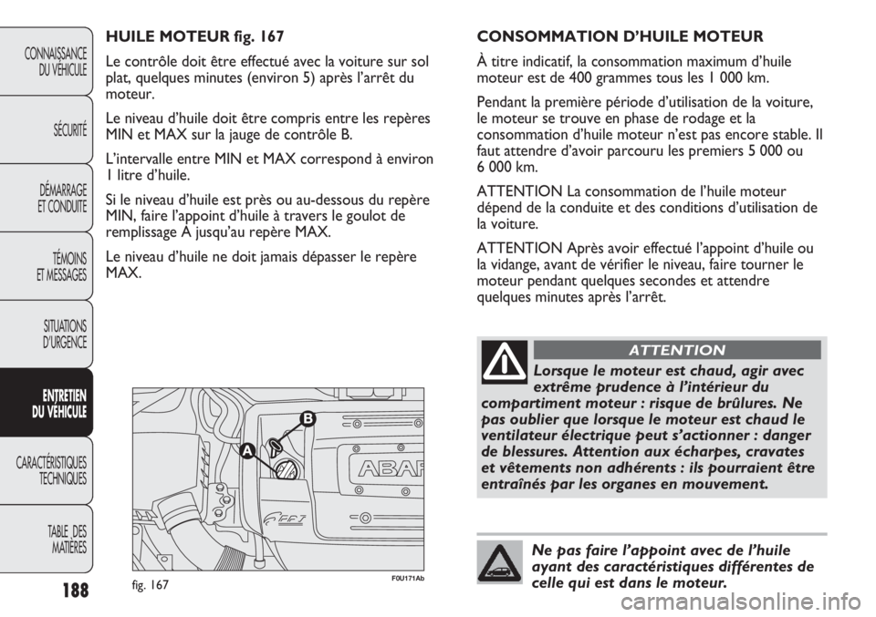 Abarth Punto Evo 2011  Notice dentretien (in French) 188
CONNAISSANCE
DU VÉHICULE
SÉCURITÉ
DÉMARRAGE
ET CONDUITE
TÉMOINS
ET MESSAGES
SITUATIONS 
D’URGENCE
ENTRETIEN
DU VÉHICULE
CARACTÉRISTIQUES
TECHNIQUES
TABLE  DES 
MATIÈRES
F0U171Abfig. 167
