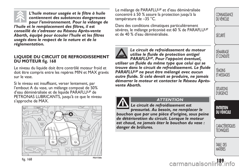 Abarth Punto Evo 2011  Notice dentretien (in French) 189
CONNAISSANCE
DU VÉHICULE
SÉCURITÉ
DÉMARRAGE
ET CONDUITE
TÉMOINS
ET MESSAGES
SITUATIONS 
D’URGENCE
ENTRETIEN
DU VÉHICULE
CARACTÉRISTIQUES
TECHNIQUES
TABLE  DES 
MATIÈRES
F0U172Abfig. 168
