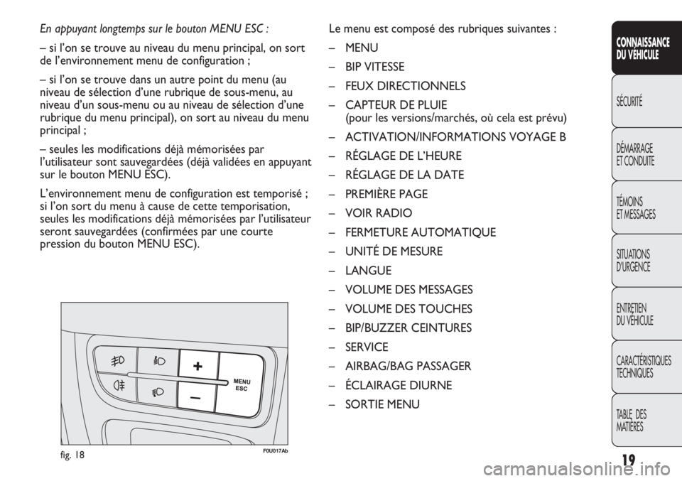 Abarth Punto Evo 2011  Notice dentretien (in French) 19
CONNAISSANCE
DU VÉHICULE
SÉCURITÉ
DÉMARRAGE
ET CONDUITE
TÉMOINS
ET MESSAGES
SITUATIONS 
D’URGENCE
ENTRETIEN
DU VÉHICULE
CARACTÉRISTIQUES
TECHNIQUES
TABLE  DES 
MATIÈRES
En appuyant longte