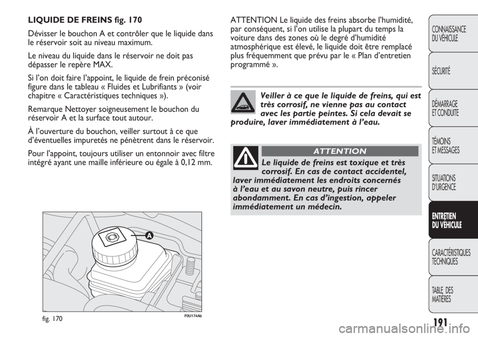 Abarth Punto Evo 2012  Notice dentretien (in French) 191
CONNAISSANCE
DU VÉHICULE
SÉCURITÉ
DÉMARRAGE
ET CONDUITE
TÉMOINS
ET MESSAGES
SITUATIONS 
D’URGENCE
ENTRETIEN
DU VÉHICULE
CARACTÉRISTIQUES
TECHNIQUES
TABLE  DES 
MATIÈRES
F0U174Abfig. 170
