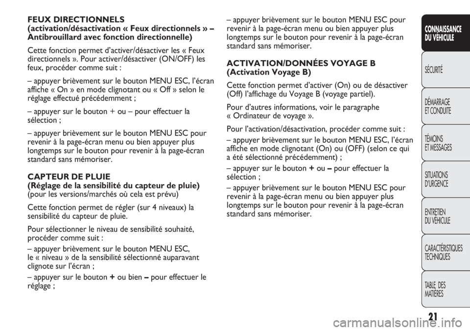 Abarth Punto Evo 2011  Notice dentretien (in French) 21
CONNAISSANCE
DU VÉHICULE
SÉCURITÉ
DÉMARRAGE
ET CONDUITE
TÉMOINS
ET MESSAGES
SITUATIONS 
D’URGENCE
ENTRETIEN
DU VÉHICULE
CARACTÉRISTIQUES
TECHNIQUES
TABLE  DES 
MATIÈRES
– appuyer brièv