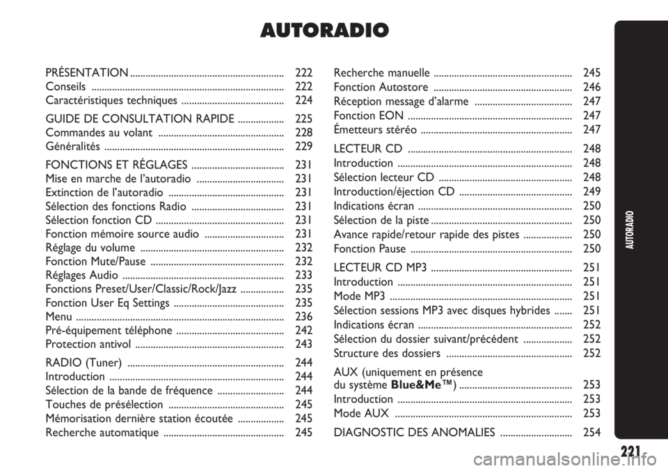Abarth Punto Evo 2011  Notice dentretien (in French) Recherche manuelle ...................................................... 245
Fonction Autostore  ...................................................... 246
Réception message d’alarme  ............