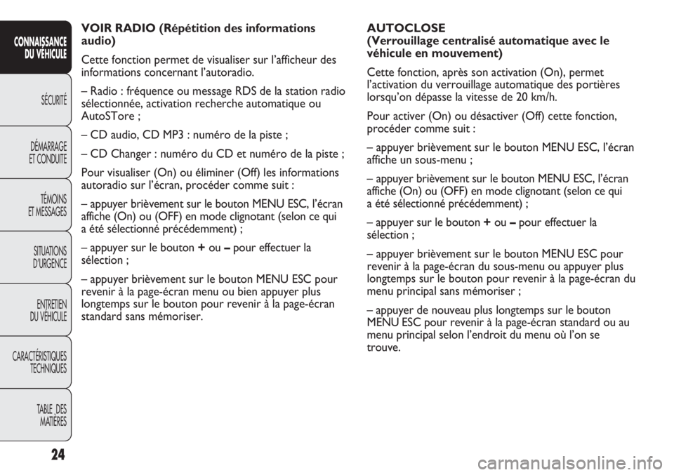 Abarth Punto Evo 2011  Notice dentretien (in French) 24
CONNAISSANCE
DU VÉHICULE
SÉCURITÉ
DÉMARRAGE
ET CONDUITE
TÉMOINS
ET MESSAGES
SITUATIONS 
D’URGENCE
ENTRETIEN
DU VÉHICULE
CARACTÉRISTIQUES
TECHNIQUES
TABLE  DES 
MATIÈRES
AUTOCLOSE
(Verroui