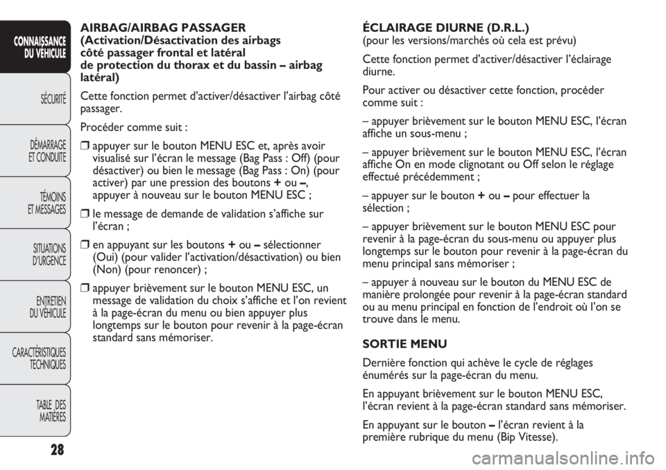 Abarth Punto Evo 2011  Notice dentretien (in French) 28
CONNAISSANCE
DU VÉHICULE
SÉCURITÉ
DÉMARRAGE
ET CONDUITE
TÉMOINS
ET MESSAGES
SITUATIONS 
D’URGENCE
ENTRETIEN
DU VÉHICULE
CARACTÉRISTIQUES
TECHNIQUES
TABLE  DES 
MATIÈRES
AIRBAG/AIRBAG PASS