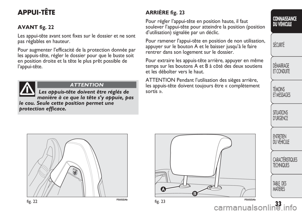 Abarth Punto Evo 2011 Notice dentretien (in French) 33
CONNAISSANCE
DU VÉHICULE
SÉCURITÉ
DÉMARRAGE
ET CONDUITE
TÉMOINS
ET MESSAGES
SITUATIONS
D’URGENCE
ENTRETIEN
DU VÉHICULE
CARACTÉRISTIQUES
TECHNIQUES
TABLE DES
MATIÈRES
Les appuis-tête d Abarth Punto Evo 2011 Notice dentretien (in French) 33
CONNAISSANCE
DU VÉHICULE
SÉCURITÉ
DÉMARRAGE
ET CONDUITE
TÉMOINS
ET MESSAGES
SITUATIONS
D’URGENCE
ENTRETIEN
DU VÉHICULE
CARACTÉRISTIQUES
TECHNIQUES
TABLE DES
MATIÈRES
Les appuis-tête d
