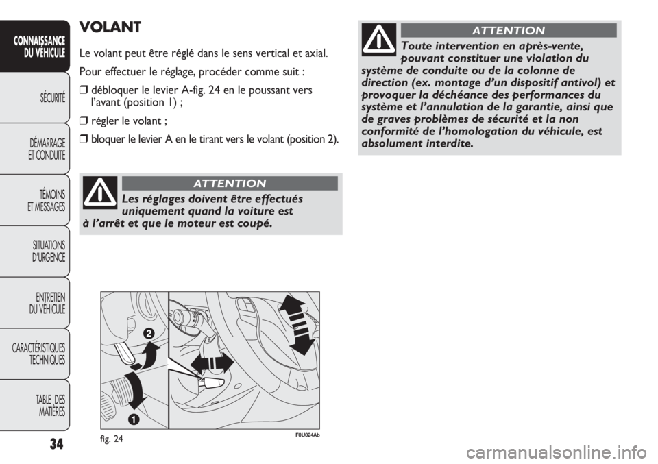 Abarth Punto Evo 2011 Notice dentretien (in French) 34
CONNAISSANCE
DU VÉHICULE
SÉCURITÉ
DÉMARRAGE
ET CONDUITE
TÉMOINS
ET MESSAGES
SITUATIONS
D’URGENCE
ENTRETIEN
DU VÉHICULE
CARACTÉRISTIQUES
TECHNIQUES
TABLE DES
MATIÈRES
Les réglages doiv Abarth Punto Evo 2011 Notice dentretien (in French) 34
CONNAISSANCE
DU VÉHICULE
SÉCURITÉ
DÉMARRAGE
ET CONDUITE
TÉMOINS
ET MESSAGES
SITUATIONS
D’URGENCE
ENTRETIEN
DU VÉHICULE
CARACTÉRISTIQUES
TECHNIQUES
TABLE DES
MATIÈRES
Les réglages doiv