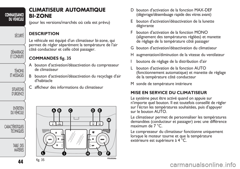 Abarth Punto Evo 2012  Notice dentretien (in French) 44
CONNAISSANCE
DU VÉHICULE
SÉCURITÉ
DÉMARRAGE
ET CONDUITE
TÉMOINS
ET MESSAGES
SITUATIONS 
D’URGENCE
ENTRETIEN
DU VÉHICULE
CARACTÉRISTIQUES
TECHNIQUES
TABLE  DES 
MATIÈRES
D bouton d’activ