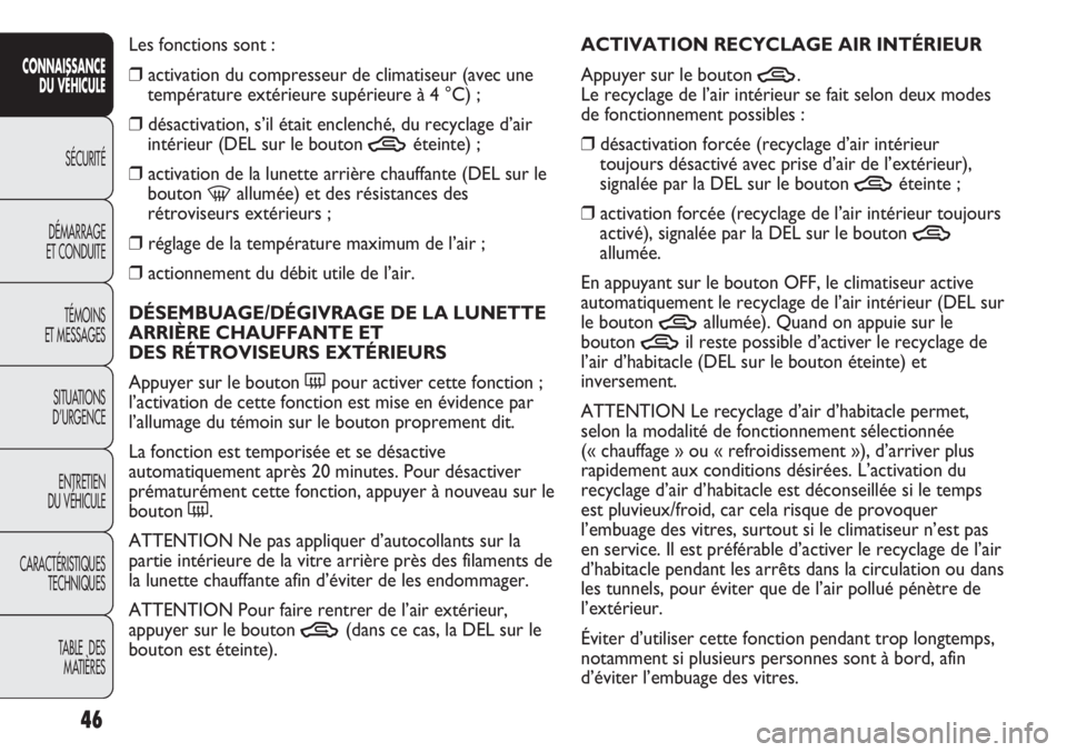 Abarth Punto Evo 2011  Notice dentretien (in French) 46
CONNAISSANCE
DU VÉHICULE
SÉCURITÉ
DÉMARRAGE
ET CONDUITE
TÉMOINS
ET MESSAGES
SITUATIONS 
D’URGENCE
ENTRETIEN
DU VÉHICULE
CARACTÉRISTIQUES
TECHNIQUES
TABLE  DES 
MATIÈRES
Les fonctions sont