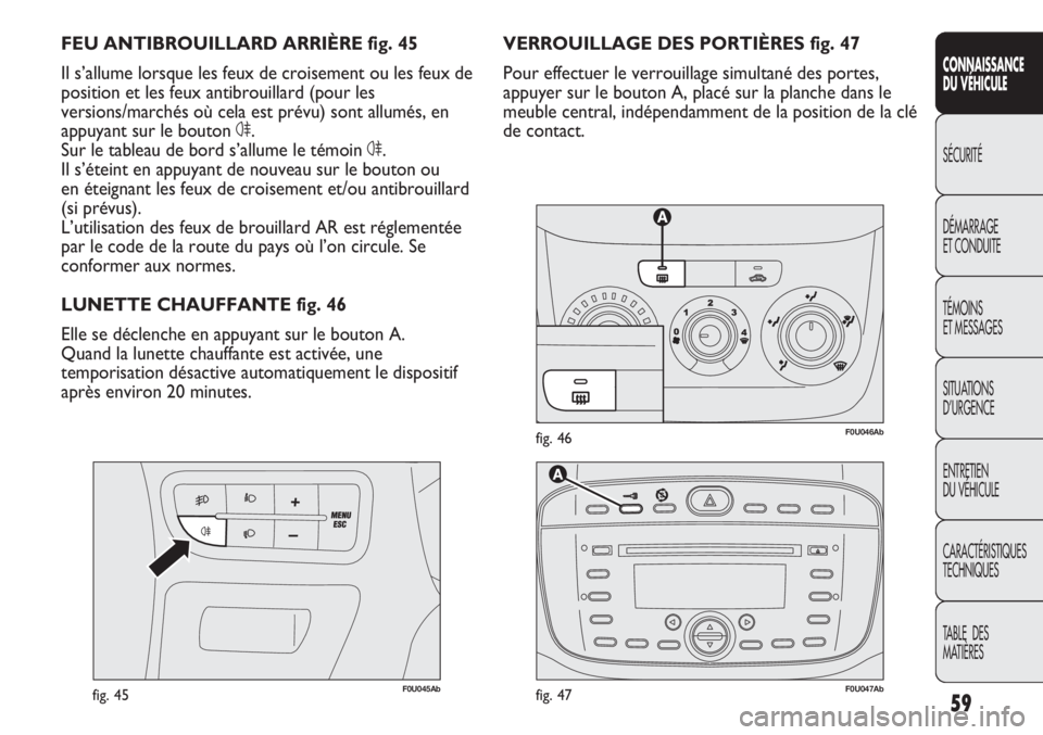 Abarth Punto Evo 2012  Notice dentretien (in French) 59
CONNAISSANCE
DU VÉHICULE
SÉCURITÉ
DÉMARRAGE
ET CONDUITE
TÉMOINS
ET MESSAGES
SITUATIONS 
D’URGENCE
ENTRETIEN
DU VÉHICULE
CARACTÉRISTIQUES
TECHNIQUES
TABLE  DES 
MATIÈRES
F0U046Abfig. 46
F0