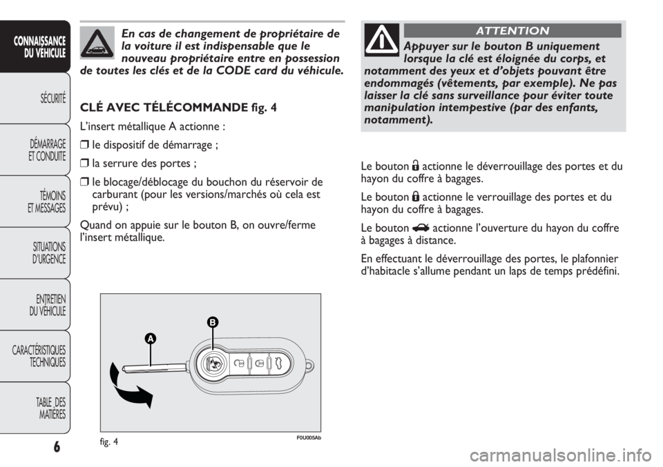 Abarth Punto Evo 2012 Notice dentretien (in French) F0U005Abfig. 4
CLÉ AVEC TÉLÉCOMMANDE fig. 4
L’insert métallique A actionne :
❒le dispositif de démarrage ;
❒la serrure des portes ;
❒le blocage/déblocage du bouchon du réservoir de
carb Abarth Punto Evo 2012 Notice dentretien (in French) F0U005Abfig. 4
CLÉ AVEC TÉLÉCOMMANDE fig. 4
L’insert métallique A actionne :
❒le dispositif de démarrage ;
❒la serrure des portes ;
❒le blocage/déblocage du bouchon du réservoir de
carb