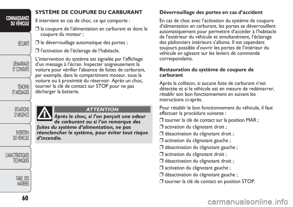 Abarth Punto Evo 2011  Notice dentretien (in French) 60
CONNAISSANCE
DU VÉHICULE
SÉCURITÉ
DÉMARRAGE
ET CONDUITE
TÉMOINS
ET MESSAGES
SITUATIONS 
D’URGENCE
ENTRETIEN
DU VÉHICULE
CARACTÉRISTIQUES
TECHNIQUES
TABLE  DES 
MATIÈRES
SYSTÈME DE COUPUR