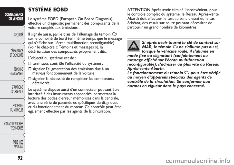 Abarth Punto Evo 2011  Notice dentretien (in French) 92
CONNAISSANCE
DU VÉHICULE
SÉCURITÉ
DÉMARRAGE
ET CONDUITE
TÉMOINS
ET MESSAGES
SITUATIONS 
D’URGENCE
ENTRETIEN
DU VÉHICULE
CARACTÉRISTIQUES
TECHNIQUES
TABLE  DES 
MATIÈRES
SYSTÈME EOBD
Le s