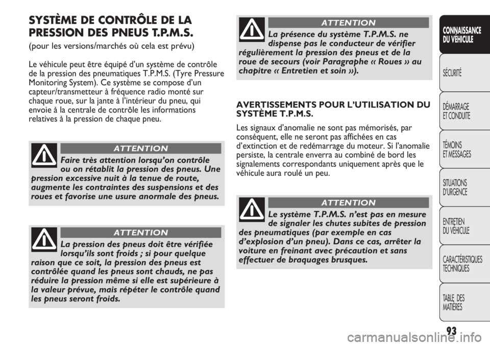 Abarth Punto Evo 2011  Notice dentretien (in French) 93
CONNAISSANCE
DU VÉHICULE
SÉCURITÉ
DÉMARRAGE
ET CONDUITE
TÉMOINS
ET MESSAGES
SITUATIONS 
D’URGENCE
ENTRETIEN
DU VÉHICULE
CARACTÉRISTIQUES
TECHNIQUES
TABLE  DES 
MATIÈRES
SYSTÈME DE CONTR