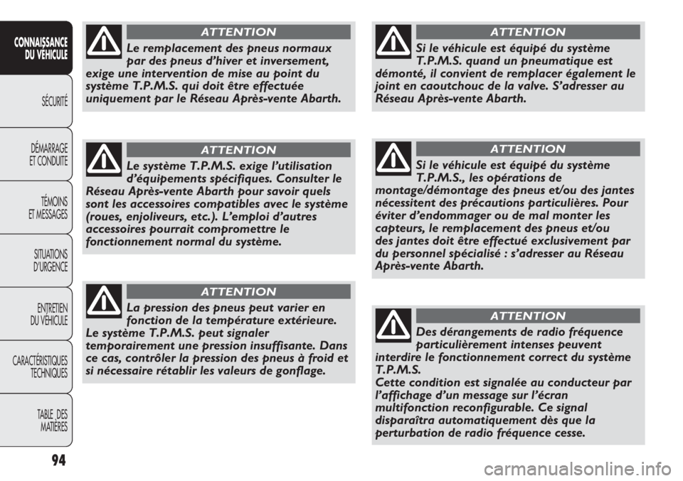 Abarth Punto Evo 2012  Notice dentretien (in French) 94
CONNAISSANCE
DU VÉHICULE
SÉCURITÉ
DÉMARRAGE
ET CONDUITE
TÉMOINS
ET MESSAGES
SITUATIONS 
D’URGENCE
ENTRETIEN
DU VÉHICULE
CARACTÉRISTIQUES
TECHNIQUES
TABLE  DES 
MATIÈRES
Le remplacement de