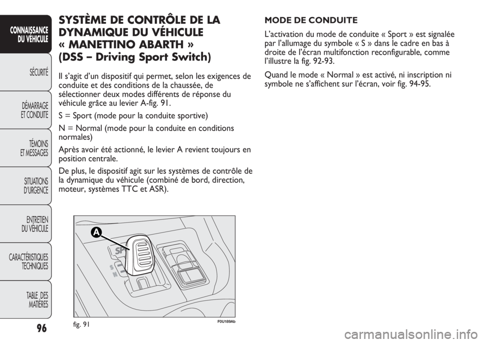 Abarth Punto Evo 2012 Notice dentretien (in French) 96
CONNAISSANCE
DU VÉHICULE
SÉCURITÉ
DÉMARRAGE
ET CONDUITE
TÉMOINS
ET MESSAGES
SITUATIONS
D’URGENCE
ENTRETIEN
DU VÉHICULE
CARACTÉRISTIQUES
TECHNIQUES
TABLE DES
MATIÈRES
F0U189Abfig. 91
MO Abarth Punto Evo 2012 Notice dentretien (in French) 96
CONNAISSANCE
DU VÉHICULE
SÉCURITÉ
DÉMARRAGE
ET CONDUITE
TÉMOINS
ET MESSAGES
SITUATIONS
D’URGENCE
ENTRETIEN
DU VÉHICULE
CARACTÉRISTIQUES
TECHNIQUES
TABLE DES
MATIÈRES
F0U189Abfig. 91
MO