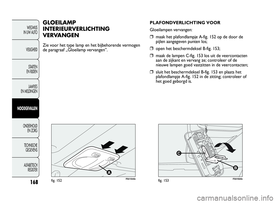 Abarth Punto Evo 2010 Instructieboek (in Dutch) 168
WEGWIJS
IN UW AUTO
VEILIGHEID
STARTEN
EN RIJDEN
LAMPJES
EN MELDINGEN
NOODGEVALLEN
ONDERHOUD
EN ZORG
TECHNISCHE
GEGEVENS
ALFABETISCH
REGISTER
F0U154Abfig. 152
GLOEILAMP
INTERIEURVERLICHTING
VERVANG Abarth Punto Evo 2010 Instructieboek (in Dutch) 168
WEGWIJS
IN UW AUTO
VEILIGHEID
STARTEN
EN RIJDEN
LAMPJES
EN MELDINGEN
NOODGEVALLEN
ONDERHOUD
EN ZORG
TECHNISCHE
GEGEVENS
ALFABETISCH
REGISTER
F0U154Abfig. 152
GLOEILAMP
INTERIEURVERLICHTING
VERVANG