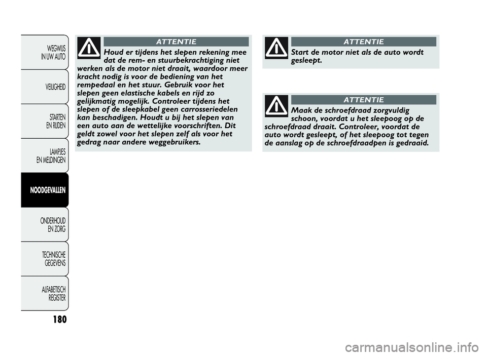 Abarth Punto Evo 2010 Instructieboek (in Dutch) 180
WEGWIJS
IN UW AUTO
VEILIGHEID
STARTEN
EN RIJDEN
LAMPJES
EN MELDINGEN
NOODGEVALLEN
ONDERHOUD
EN ZORG
TECHNISCHE
GEGEVENS
ALFABETISCH
REGISTER
Houd er tijdens het slepen rekening mee
dat de rem- en Abarth Punto Evo 2010 Instructieboek (in Dutch) 180
WEGWIJS
IN UW AUTO
VEILIGHEID
STARTEN
EN RIJDEN
LAMPJES
EN MELDINGEN
NOODGEVALLEN
ONDERHOUD
EN ZORG
TECHNISCHE
GEGEVENS
ALFABETISCH
REGISTER
Houd er tijdens het slepen rekening mee
dat de rem- en
