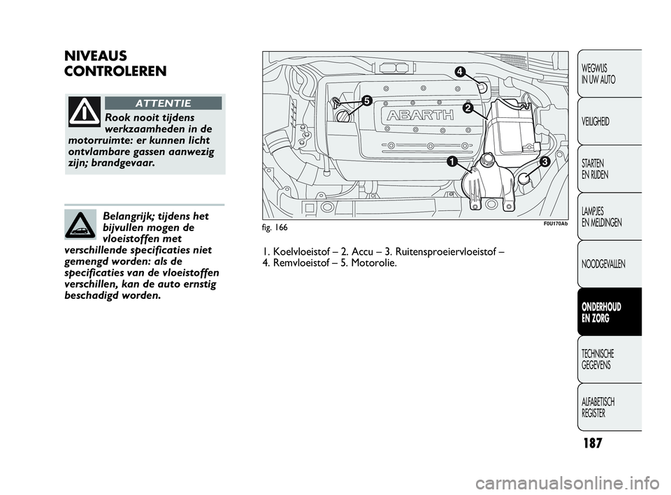 Abarth Punto Evo 2010 Instructieboek (in Dutch) 187
fig. 166
Rook nooit tijdens
werkzaamheden in de
motorruimte: er kunnen licht
ontvlambare gassen aanwezig
zijn; brandgevaar.
ATTENTIE
Belangrijk; tijdens het
bijvullen mogen de
vloeistoffen met
ver Abarth Punto Evo 2010 Instructieboek (in Dutch) 187
fig. 166
Rook nooit tijdens
werkzaamheden in de
motorruimte: er kunnen licht
ontvlambare gassen aanwezig
zijn; brandgevaar.
ATTENTIE
Belangrijk; tijdens het
bijvullen mogen de
vloeistoffen met
ver
