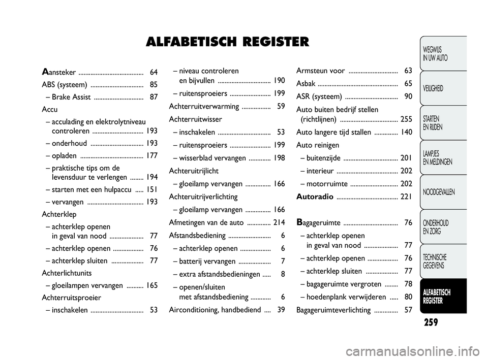 Abarth Punto Evo 2010 Instructieboek (in Dutch) 259
WEGWIJS
IN UW AUTO
VEILIGHEID
STARTEN
EN RIJDEN
LAMPJES
EN MELDINGEN
NOODGEVALLEN
ONDERHOUD
EN ZORG
TECHNISCHE
GEGEVENS
ALFABETISCH
REGISTER
– niveau controleren
en bijvullen ............ Abarth Punto Evo 2010 Instructieboek (in Dutch) 259
WEGWIJS
IN UW AUTO
VEILIGHEID
STARTEN
EN RIJDEN
LAMPJES
EN MELDINGEN
NOODGEVALLEN
ONDERHOUD
EN ZORG
TECHNISCHE
GEGEVENS
ALFABETISCH
REGISTER
– niveau controleren
en bijvullen ............