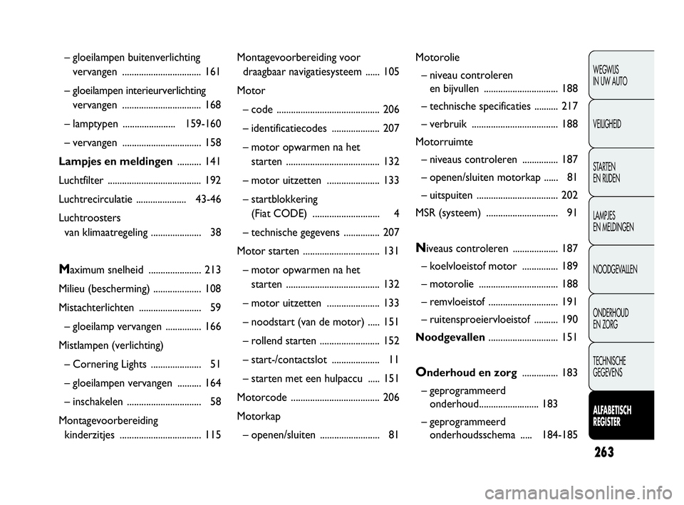 Abarth Punto Evo 2010  Instructieboek (in Dutch) 263
WEGWIJS 
IN UW AUTO
VEILIGHEID
STARTEN 
EN RIJDEN
LAMPJES 
EN MELDINGEN
NOODGEVALLEN
ONDERHOUD 
EN ZORG
TECHNISCHE 
GEGEVENS
ALFABETISCH 
REGISTER
– gloeilampen buitenverlichting 
vervangen ....